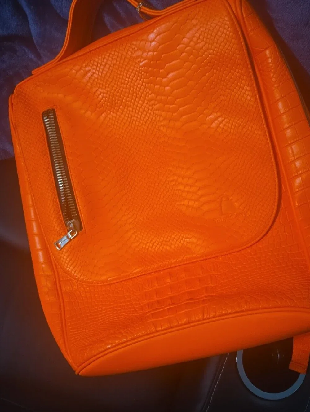 Orange Faux-Croc Tote and Travel Bag Set